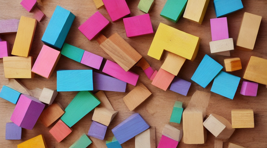AI generated stock photo of pastel colored blocks on a wood floor.