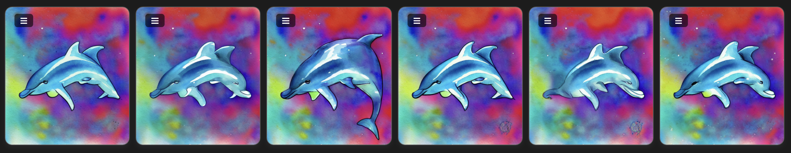 6 different AI generated illustration of what should be dolphins.