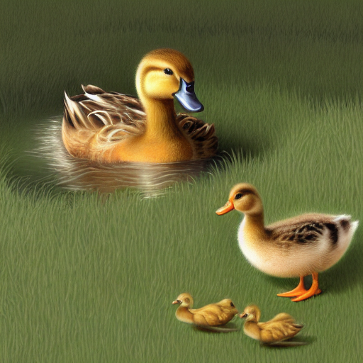 AI generated illustration of a duck with three baby ducklings, one larger than other.