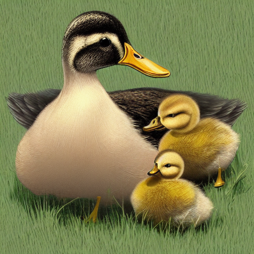 AI generated illustration of a duck with two ducklings under her wings.