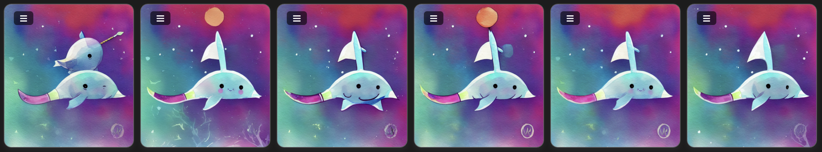 6 different AI generated illustration of what should be narwhals.