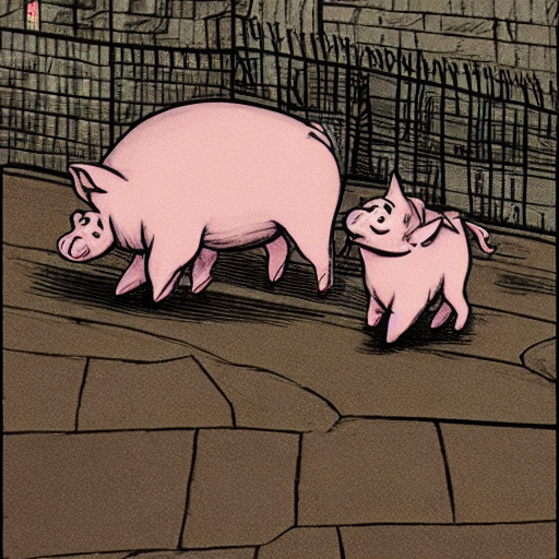 AI generated illustration of two pigs with deformed faces.