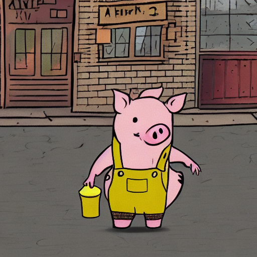 AI generated illustration of a pig standing in a street with yellow overalls.