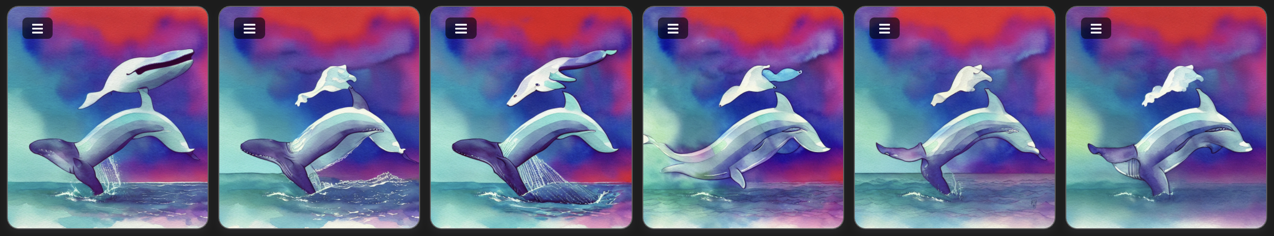 6 different AI generated illustration of what should be whales.