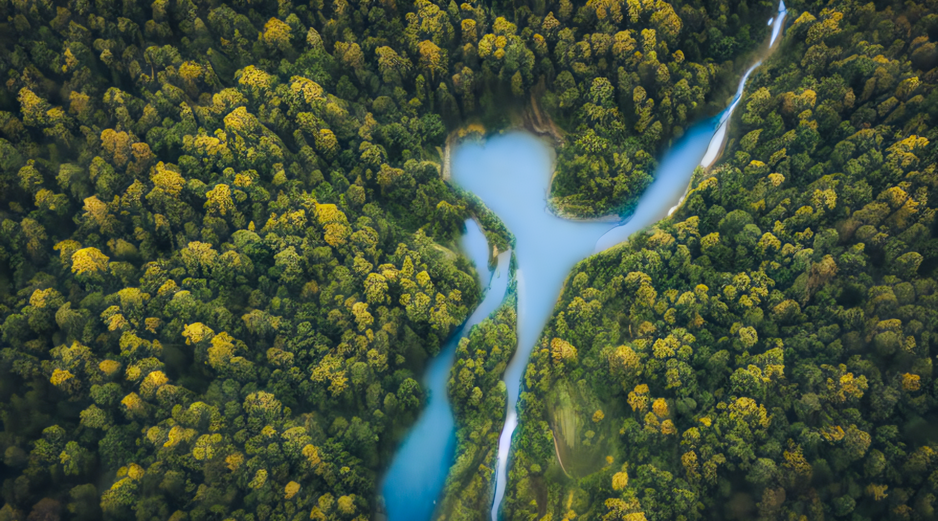 AI generated image of drone shot over a green forest with a blue river.